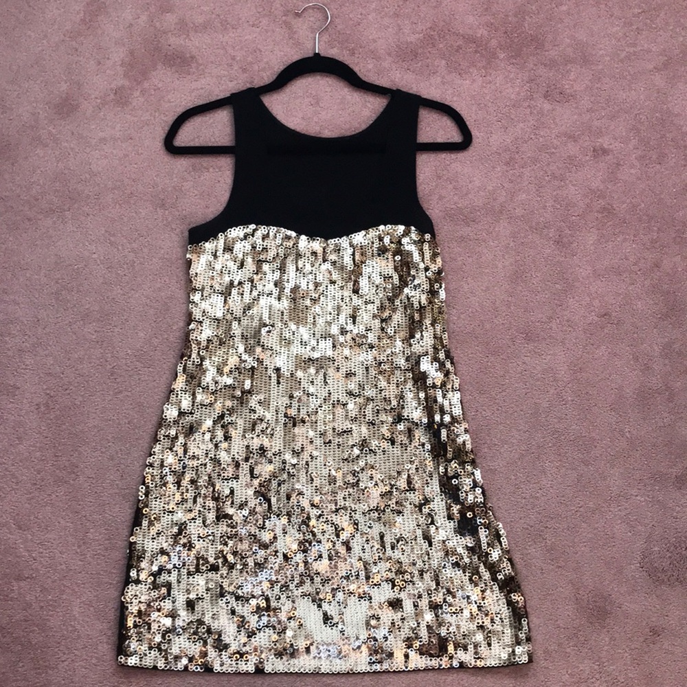 Gold sequin dress.